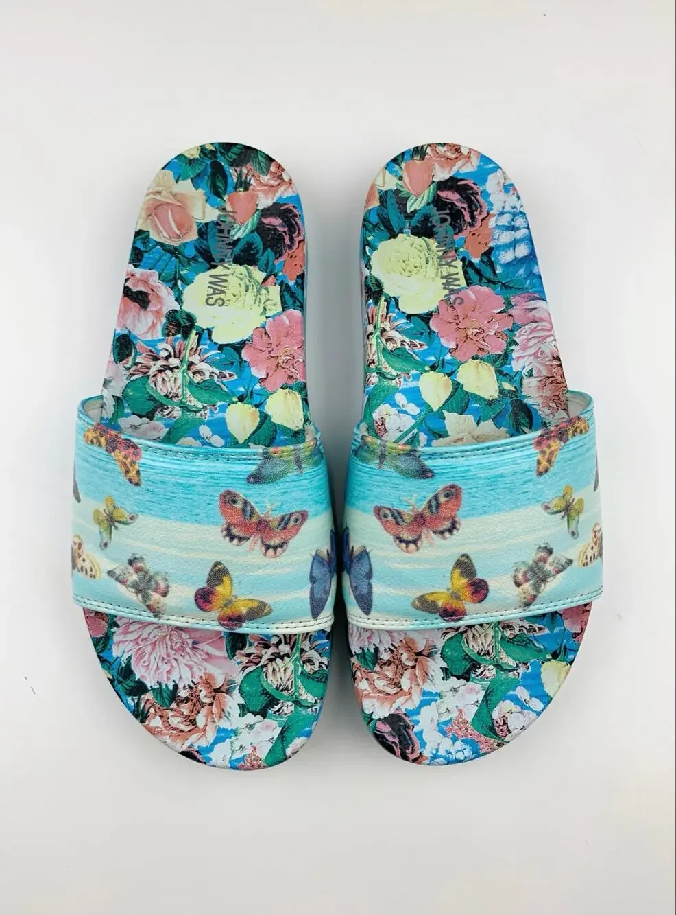 Johnny Was Costa Azul Slides Sandals Blue Floral Butterfly Print Women's 9
